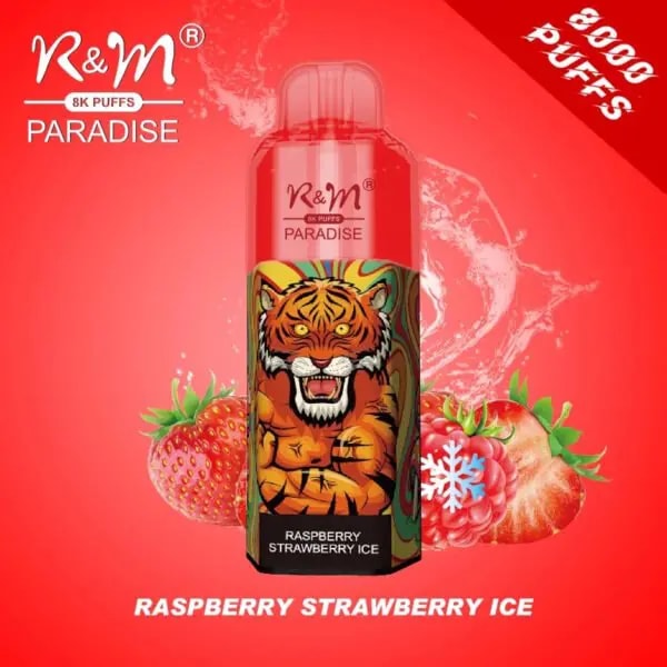 A red disposable vape labeled "R&M Paradise Raspberry Strawberry Ice" with 8000 puffs, featuring a tiger graphic and strawberry imagery.