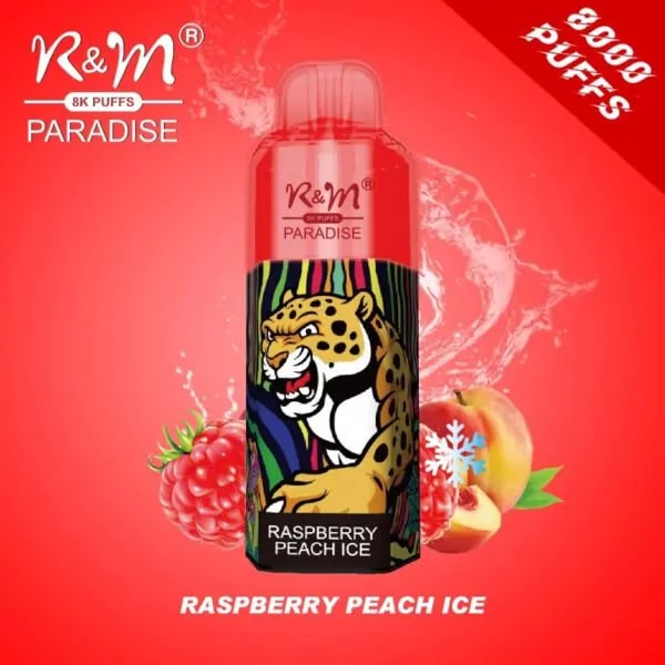 A red-themed advertisement featuring an R&M Paradise disposable vape with Raspberry Peach Ice flavor, showcasing a jaguar illustration and "8000 puffs" text.