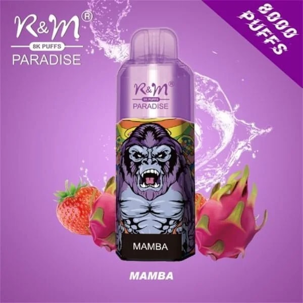 Purple disposable vape device with "R&M Paradise" branding, featuring a fierce gorilla design, "Mamba" flavor, strawberry and dragon fruit illustrations, and "8000 PUFFS" text on a purple background.