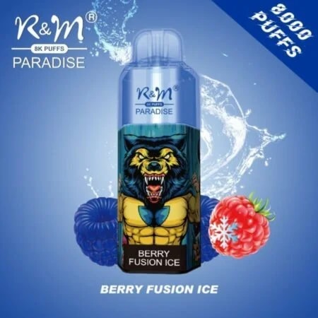 R&M Paradise vape-enhet med smaken "Berry Fusion Ice" med 8000 puffar, avbildad med en varggrafik och bilder av hallon och blåbär på en blå bakgrund.