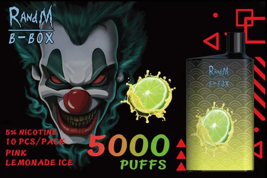 R&M B-Box vape device featuring "Pink Lemonade Ice" flavor, "5000 Puffs" text, and a menacing clown graphic with lime illustrations on a dark background.