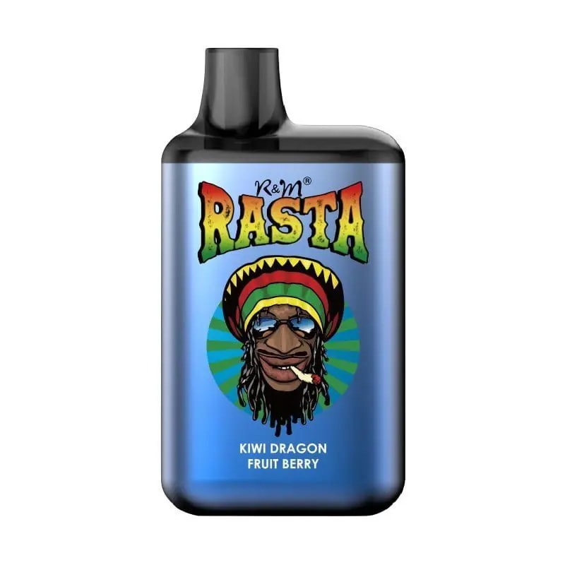 R&M Rasta vape featuring "Kiwi Dragon Fruit Berry" flavor with a Rastafarian-themed design, including a colorful logo and character illustration on a blue background.