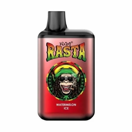 Dispositivo de vapeo R&M Rasta con sabor "Watermelon Ice" con un diseño rojo, que muestra una ilustración de temática rastafari con un sombrero colorido y gafas de sol.