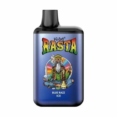 Vaporizador R&M Rasta con sabor "Blue Razz Ice" con un diseño de temática rastafari, que incluye un logotipo colorido y una ilustración de un personaje sosteniendo accesorios para fumar sobre un fondo azul.