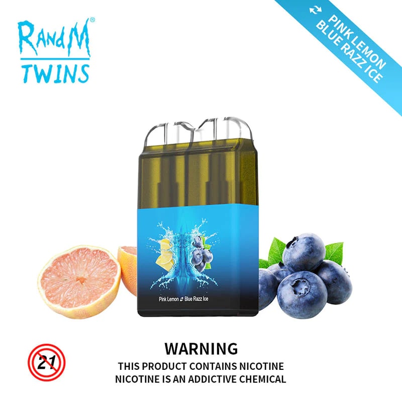 A promotional image for RandM Twins vape featuring a dual flavor design with "Pink Lemon" and "Blue Razz Ice," alongside images of grapefruit and blueberries, and a nicotine warning at the bottom.