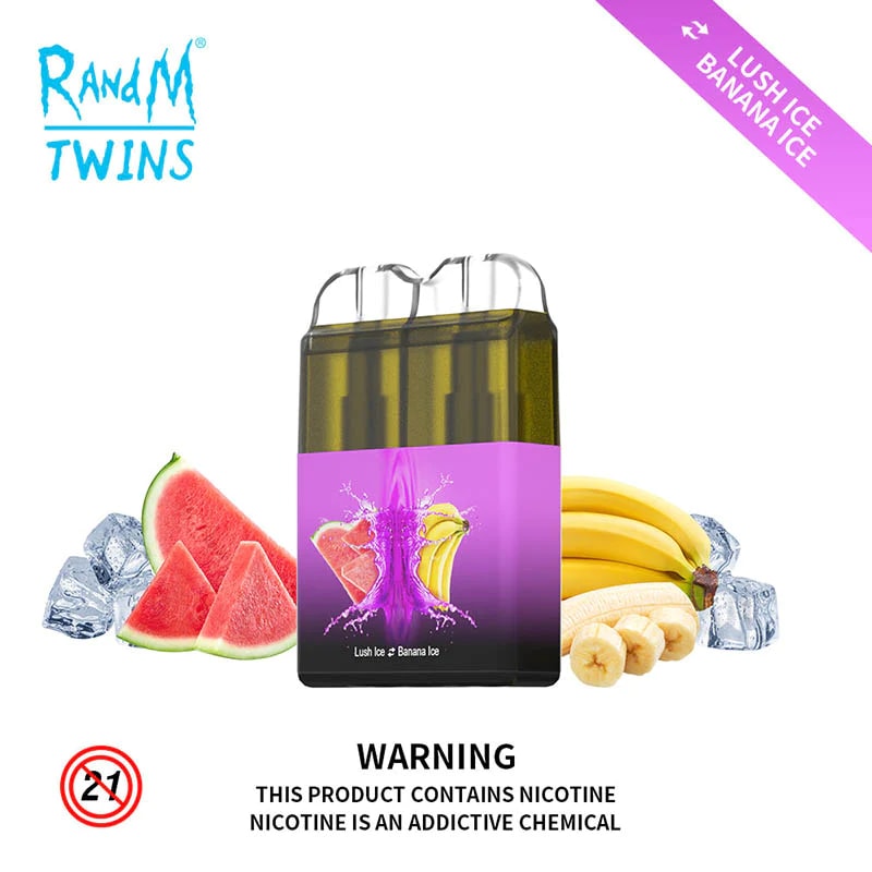 A vape device labeled "RandM Twins" with flavors Lush Ice and Banana Ice, featuring images of watermelon, bananas, and ice cubes, along with a nicotine warning at the bottom.