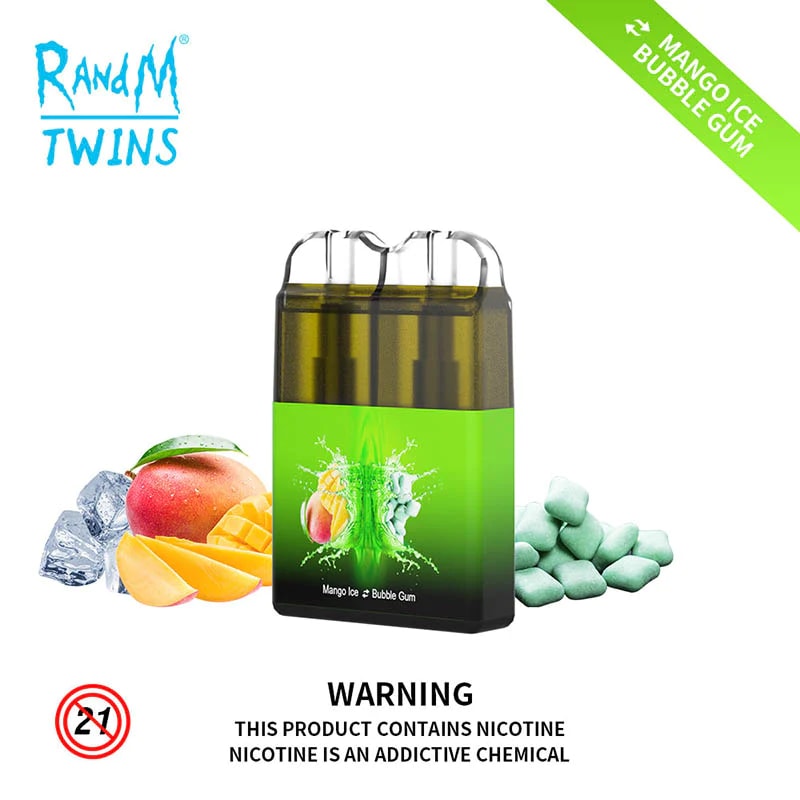 A green and transparent dual-pod vaping device labeled "Mango Ice & Bubble Gum" surrounded by mango slices, ice cubes, and bubble gum pieces, with a warning text indicating nicotine content.