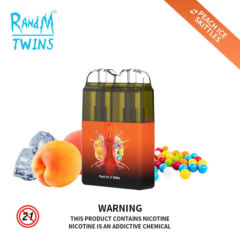 R&M Twins vape featuring "Peach Ice Skittles" flavor with an orange design, images of peaches, ice cubes, and colorful candies, along with a nicotine warning label.