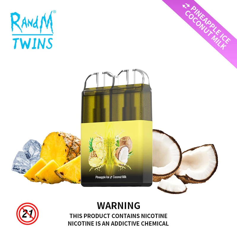 A dual-flavor disposable vape labeled "RandM Twins" with pineapple ice and coconut milk flavors, featuring vibrant imagery of pineapple, coconut, and ice, along with a nicotine warning.