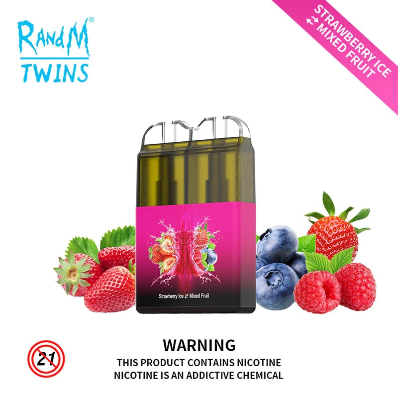 A pink and transparent dual-pod vaping device labeled "Strawberry Ice & Mixed Fruit," surrounded by strawberries, blueberries, and raspberries, with a warning text indicating nicotine content.