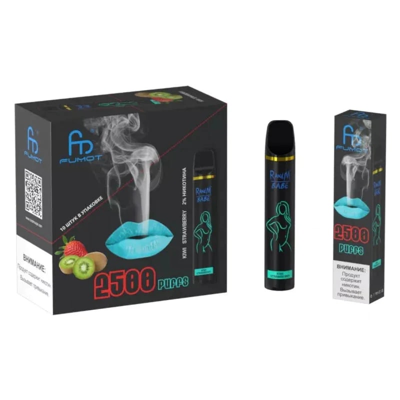 Packaging and device of the Fumot vape, labeled "2500 puffs" in kiwi strawberry flavor, featuring a neon outline of a figure, blue lips emitting smoke, and fruit imagery.