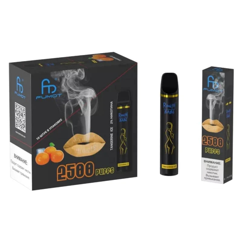 A vape product labeled "Fumot" and "RandM Babe" with a tangerine flavor, offering 2500 puffs, featuring packaging with an image of lips, tangerines, and smoke, along with a nicotine warning.