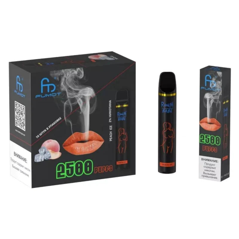 Packaging and product of FUMOT vape featuring "Peach Ice" flavor with 2500 puffs, showing a black device and a box with red lips, peach, and ice designs.