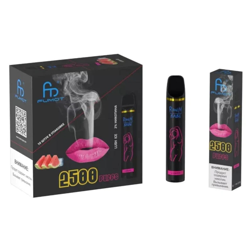 Fumot disposable vape packaging featuring 2500 puffs, 2% nicotine, "Lush Ice" flavor, with a design of pink lips and a silhouette illustration on the device.
