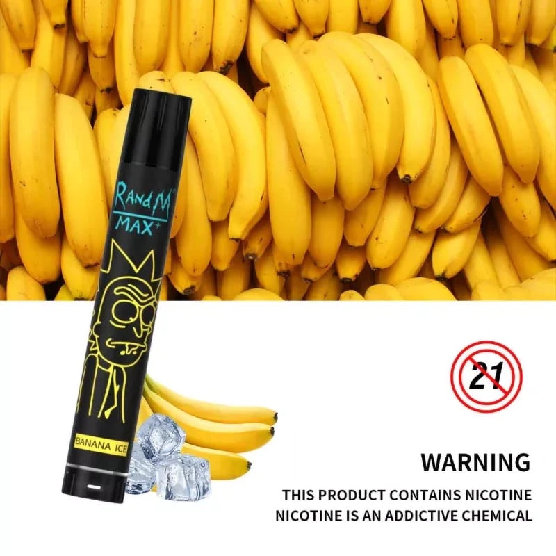 Un vaporizador desechable negro etiquetado como "RandM Max Banana Ice" con un diseño de dibujos animados, colocado delante de un fondo de plátanos amarillos y cubitos de hielo, acompañado de una advertencia de nicotina y un símbolo 21+.