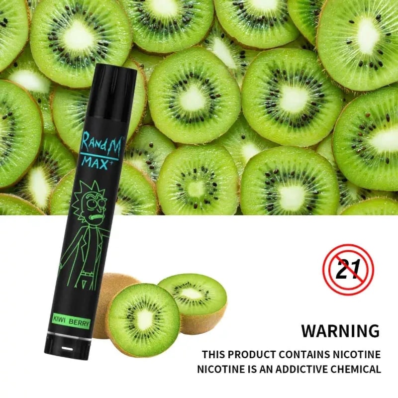 Se muestra un vaporizador negro etiquetado como "RandM Max" con sabor a kiwi delante de un fondo de rodajas de kiwi, acompañado de una advertencia sobre que la nicotina es una sustancia química adictiva y un símbolo "21+".