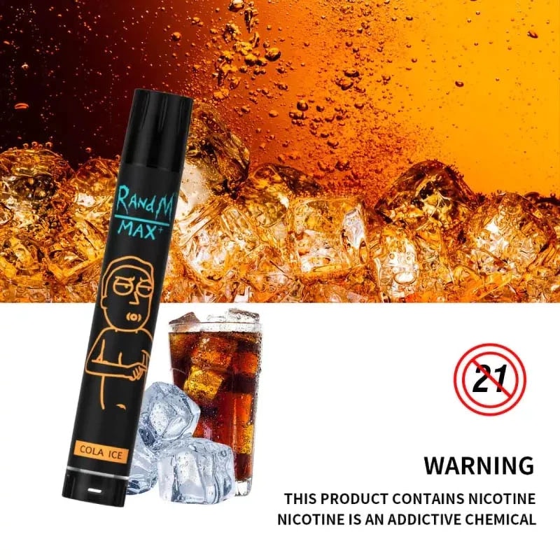 Un dispositivo de vapeo negro etiquetado como "RandM Max" con sabor a "Cola Ice", que presenta imágenes de cola con cubitos de hielo y una advertencia de nicotina en la parte inferior.