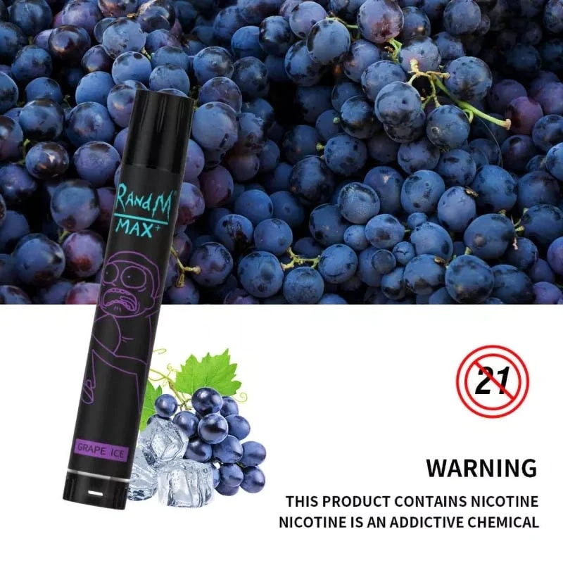 Vape desechable R&M Max con sabor "Grape Ice" con un fondo de uvas frescas, cubitos de hielo y una etiqueta de advertencia de nicotina.