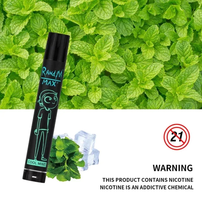 Un dispositivo de vapeo negro etiquetado como "RandM Max" con sabor a "menta fresca", con un fondo de hojas de menta fresca, cubitos de hielo y una advertencia de nicotina en la parte inferior.