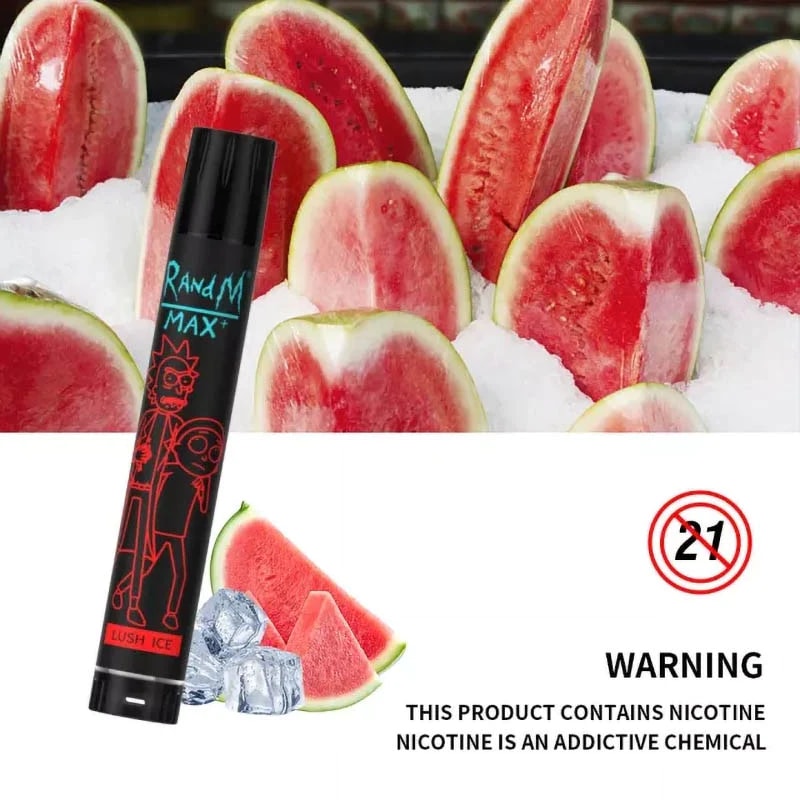 Vaporizador R&M Max+ con sabor a Lush Ice, con rodajas de sandía sobre hielo y una etiqueta de advertencia que dice: "Este producto contiene nicotina. La nicotina es una sustancia química adictiva".