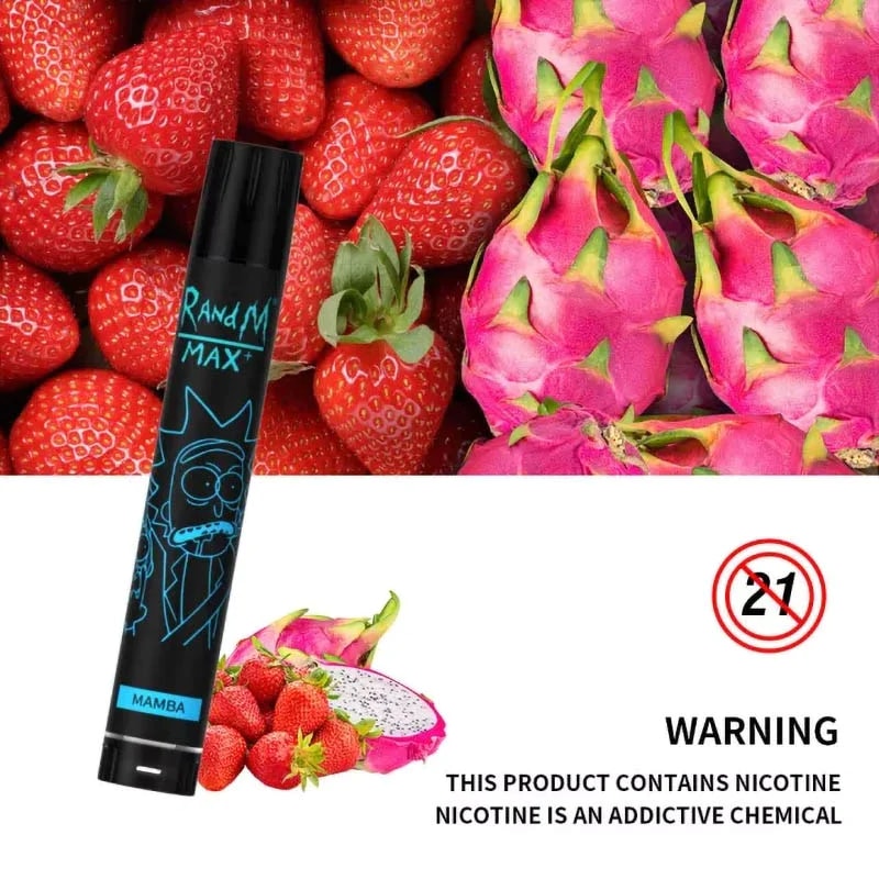 Un dispositivo de vapeo desechable negro etiquetado como "RandM Max Mamba" con un diseño de dibujos animados, que se muestra junto a fresas y fruta del dragón, con una advertencia de nicotina y un ícono de restricción de edad.