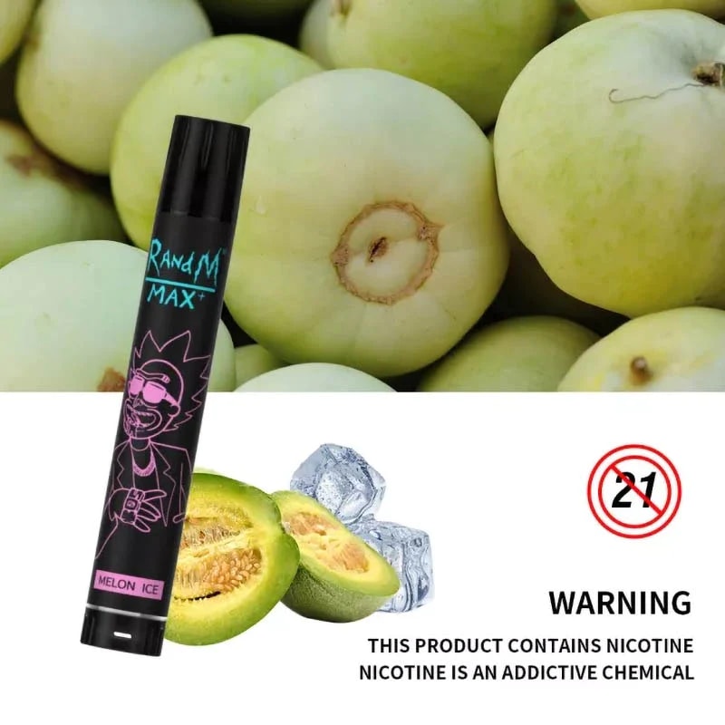 Un vaporizador desechable con la etiqueta "RandM Max+ Melon Ice" junto a melones dulces, un melón en rodajas con cubitos de hielo y una advertencia sobre nicotina que dice: "Este producto contiene nicotina. La nicotina es una sustancia química adictiva", con un símbolo 21+.