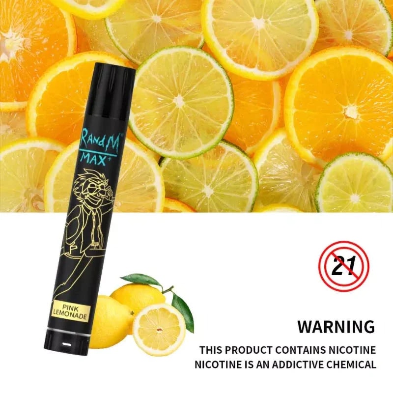 Vape desechable negro etiquetado como "RandM Max" con sabor a "Limonada rosa", colocado sobre un fondo de frutas cítricas en rodajas, con una etiqueta de advertencia que indica que la nicotina es adictiva y un símbolo de restricción de edad para mayores de 21 años.