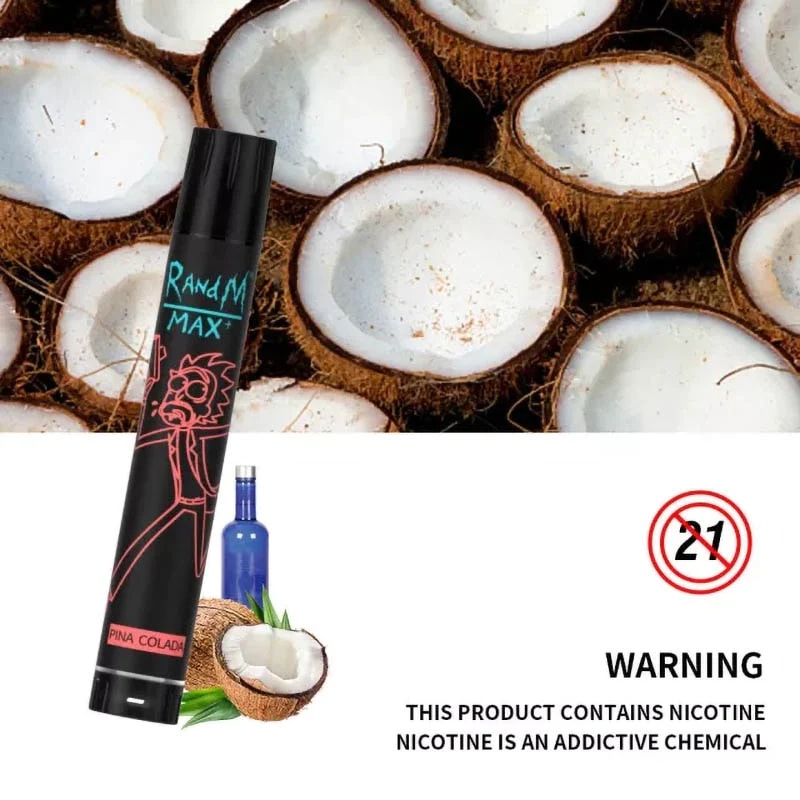 Una imagen promocional del vaporizador RandM Max con sabor a "Piña Colada", con ilustraciones de cocos, una botella y una advertencia de nicotina en la parte inferior.