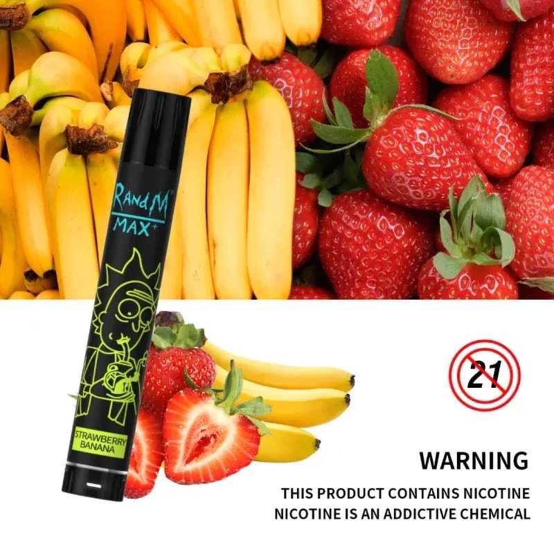 Vaporizador R&M Max con sabor "Strawberry Banana" con un diseño negro, imágenes de fresas y plátanos en el fondo y una etiqueta de advertencia de nicotina.