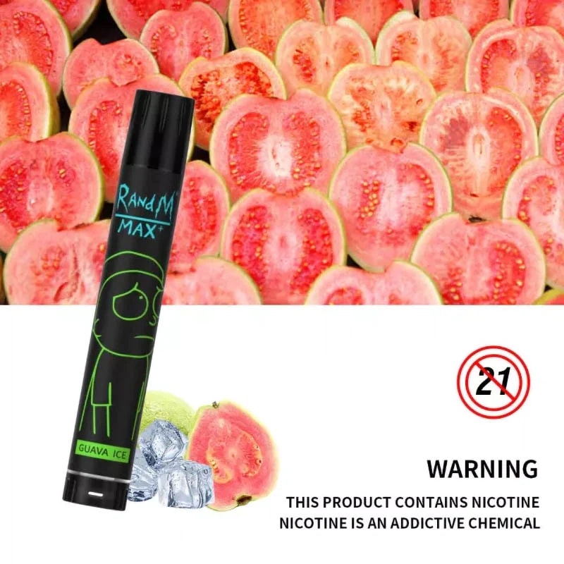 Vaporizador R&M Max+ con sabor a Guava Ice, con rodajas de guayaba en exhibición y una etiqueta de advertencia que dice "Este producto contiene nicotina. La nicotina es una sustancia química adictiva".