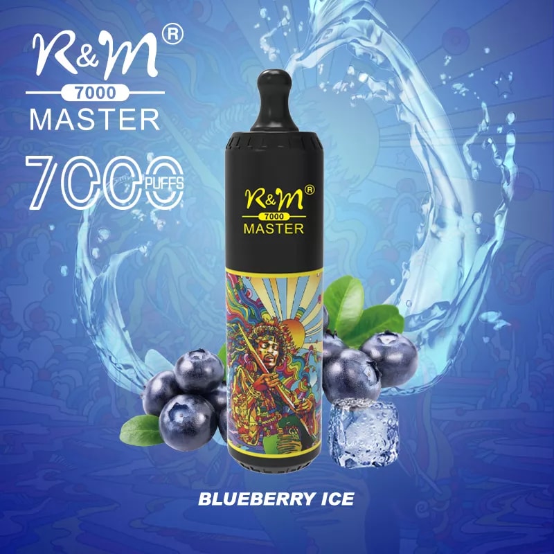 A vape device labeled "R&M 7000 Master" with 7000 puffs and the flavor "Blueberry Ice," featuring vibrant artwork of a figure with colorful rays, surrounded by blueberries, ice cubes, and splashing water on a blue background.