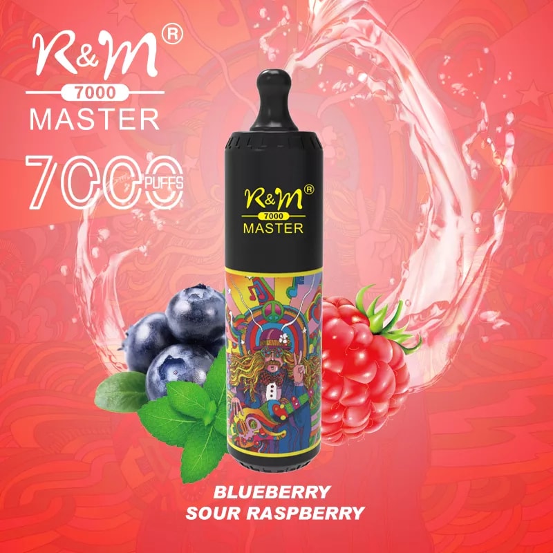 A colorful vape device labeled "R&M 7000 Master" with a "Blueberry Sour Raspberry" flavor, featuring artwork and images of blueberries, raspberries, and mint leaves, against a red background with 7000 puffs indicated.