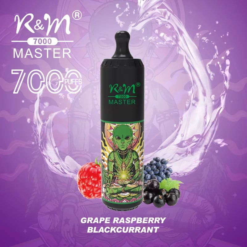 A black disposable vape labeled "R&M 7000 Master Grape Raspberry Blackcurrant" with 7000 puffs, featuring a green alien design and fruit imagery against a purple background with water splashes.