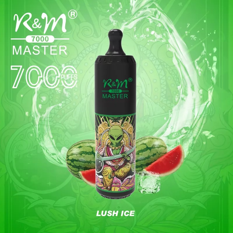 A black vape device labeled "R&M 7000 Master" with a colorful alien design, displayed against a green background with water splashes, watermelon slices, and ice cubes, promoting the "Lush Ice" flavor.