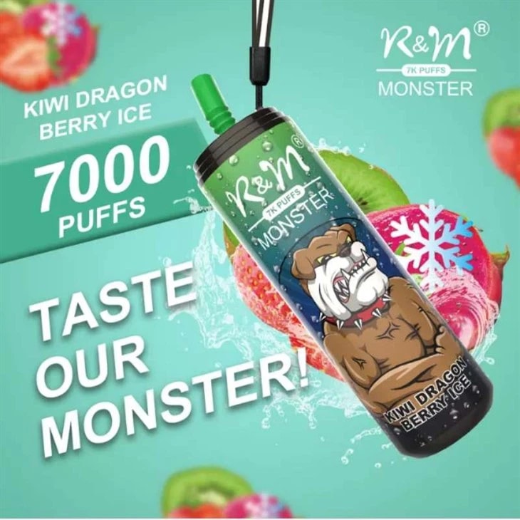 A disposable vape device labeled "R&M Monster" featuring a Kiwi Dragon Berry Ice flavor, 7000 puffs, and a cartoon bulldog design on the packaging with promotional text.