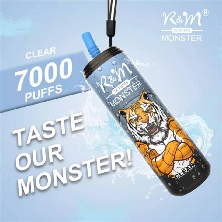 A vape device labeled "R&M Monster 7000 Puffs" featuring a tiger illustration and the text "Taste Our Monster" on a blue background.