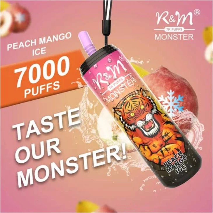 Promotional image of the R&M Monster vape featuring "Peach Mango Ice" flavor, 7000 puffs, with a bold tiger design and text "Taste Our Monster!" on a colorful background with fruit and ice graphics.