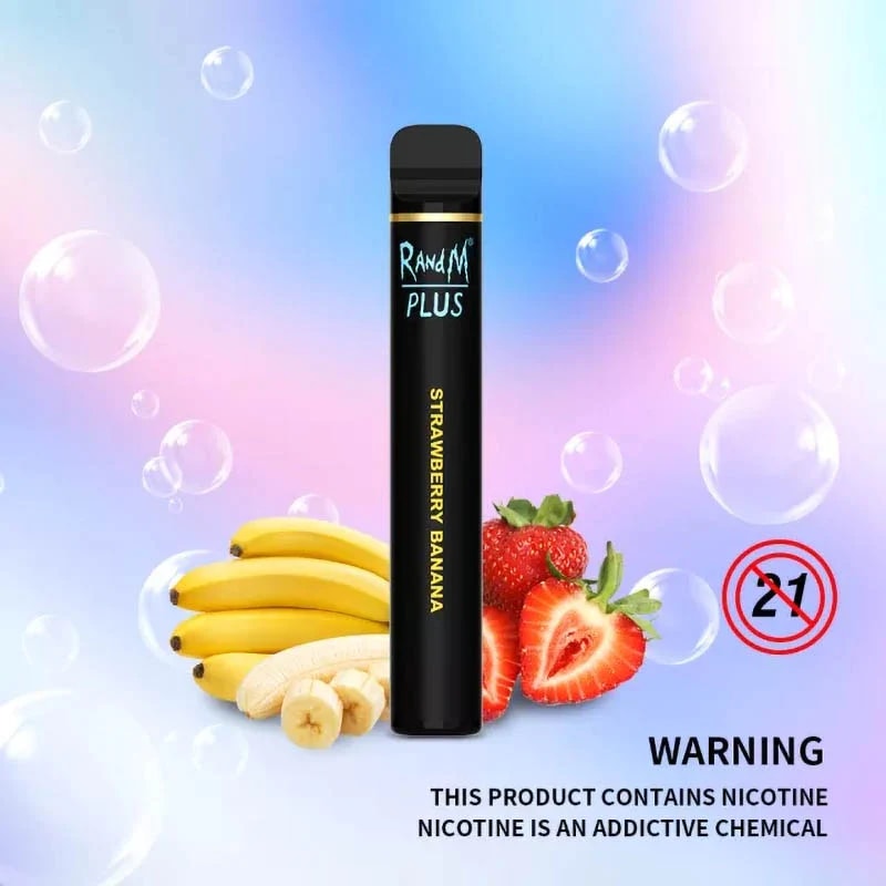 A black vape device labeled "RandM PLUS Strawberry Banana" is placed against a soft pastel background with bubbles. Bananas and strawberries are positioned in front of the device, and there is a warning label indicating the product contains nicotine and is intended for individuals over 21.