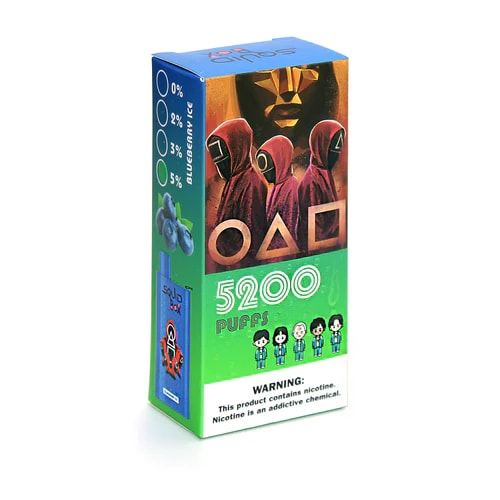 A colorful vape packaging featuring "5200 puffs," blueberry ice flavor, triangle, square, and circle shapes with hooded characters, and a warning label stating nicotine is addictive.