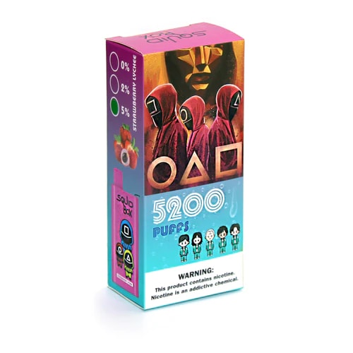 A colorful vape box labeled "5200 puffs" featuring a design inspired by a masked figure and symbols (circle, triangle, square), with flavor options and a nicotine warning.