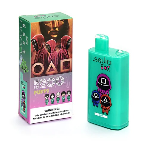 Turquoise Squid Box vape device with 5200 puffs and packaging featuring masked characters and geometric shapes, with a nicotine warning label.