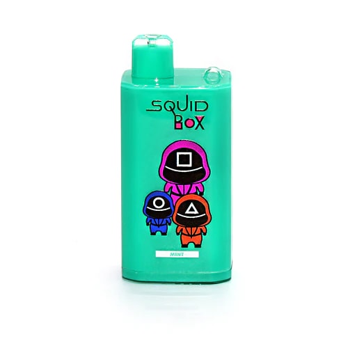 A mint-colored vape device labeled "Squid Box" featuring cartoon characters wearing helmets with geometric shapes (circle, triangle, square) on their faces.