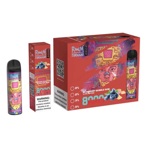 Embalaje y producto del vaporizador desechable Raw Man Tornado Blueberry Bubble Gum con 8000 bocanadas, con ilustraciones coloridas y opciones de nivel de nicotina.