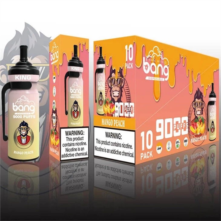 Packaging for Bang disposable vape featuring "Mango Peach" flavor, 9000 puffs, with a gorilla mascot design, and health warning labels prominently displayed.