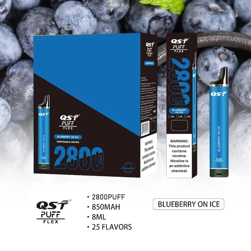 QST Puff FlexによるBlueberry on Ice使い捨ての蒸気は、2800パフ、850mAhバッテリー、8ml容量、25のフレーバーを備えており、ブルーベリーとニコチンの警告を表示します。