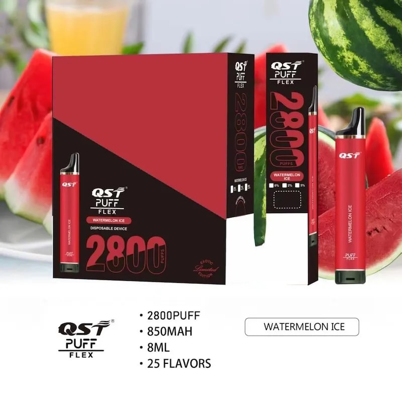 QST Puff Flex Watermelon Ice使い捨ての吸血吸気2800パフ、850mAhバッテリー、8ml容量、25のフレーバーオプションを備えた包装と製品。