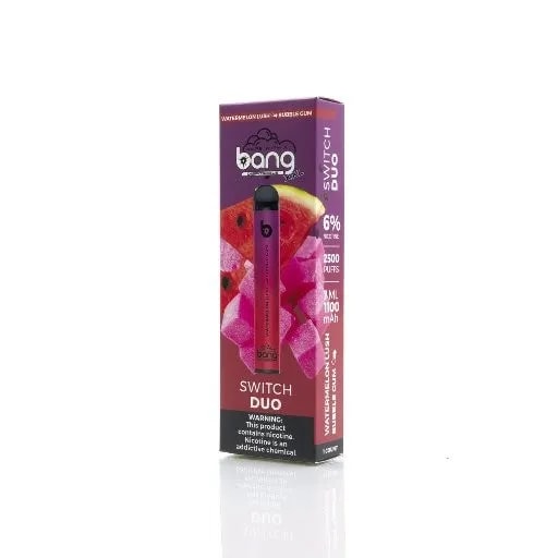 Packaging for a Bang Switch Duo vape device featuring watermelon and bubble gum flavors, with details about 2500 puffs, 6% nicotine, and 1100mAh capacity.