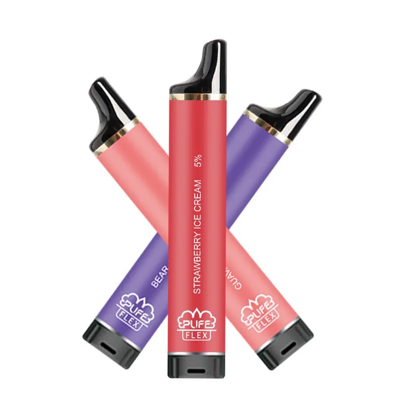Three colorful disposable vape pens arranged in a triangular formation, featuring flavors like strawberry ice cream, berry, and guava, with a sleek black mouthpiece.