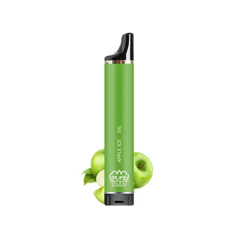 Green disposable vape labeled "Puff Flex" with "Apple Ice" flavor and 5% nicotine, displayed alongside fresh green apples.