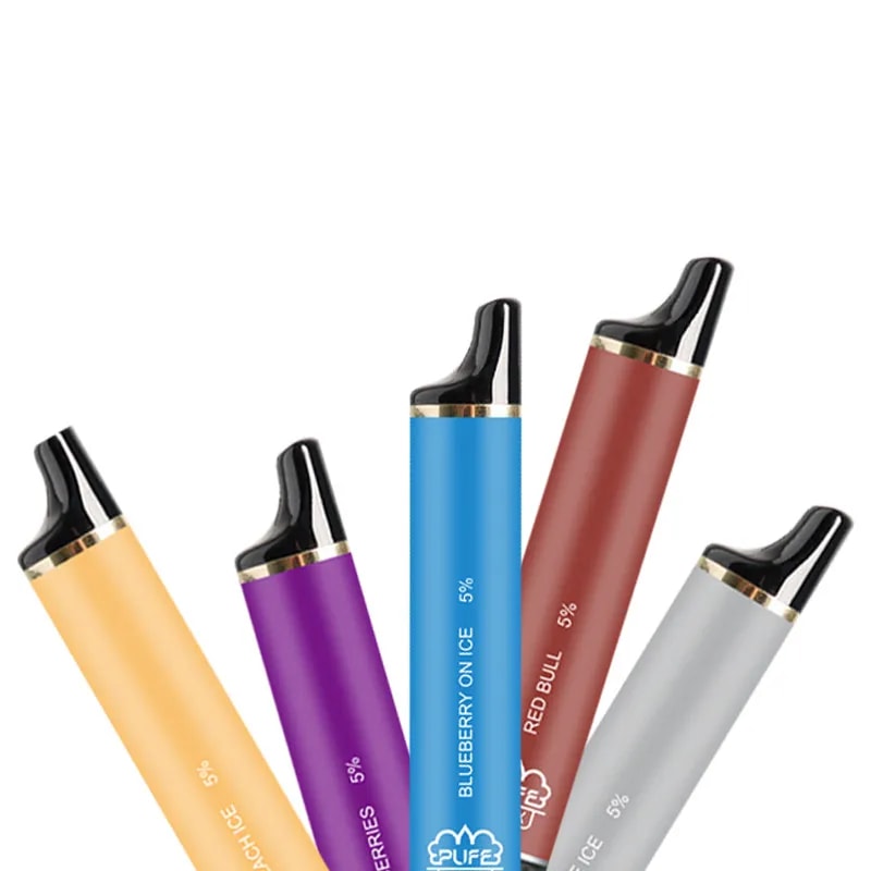 Five colorful disposable vape pens with black mouthpieces, labeled with different flavors and 5% nicotine strength.